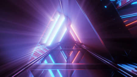 A portal of beautiful neon lights with glowing purple and blue lines in a tunnel - great for an...