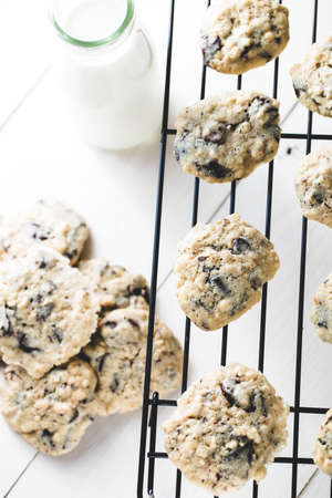 Am overhead shot of chocolate chip cookies on the oven shelf