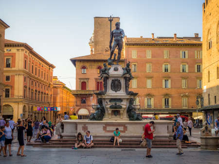BOLOGNA, ITALY - Jul 04, 2019: Piazza del Nettuno square in Bologna, Emilia-Romagna, Italyのeditorial素材