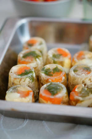 A beautiful shot of appetizers made of vegetables in a metal plate