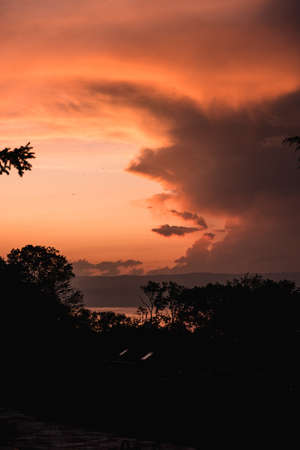 A breathtaking shot of an orange sunset with silhouettes of treesの写真素材