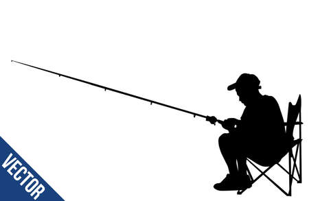 An illustration of the silhouette of a man fishing on a white backgroundの写真素材