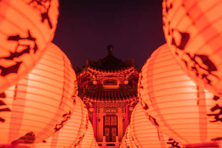 KAOHSIUNG, TAIWAN - Jan 28, 2020: Close up shot of the lanterns at Sanfeng Temple in Taiwan at Blue Hourの写真素材