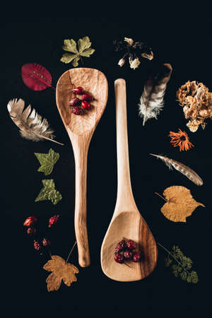 Big wooden spoons surrounded with different leaves and feathers on a black backgroundの写真素材