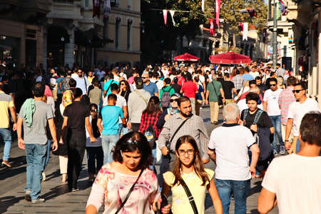 ISTANBUL, TURKEY - Sep 16, 2019: People walking down Istiklal Caddesi street in Istanbul. This is a popular tourist attraction in the city.のeditorial素材