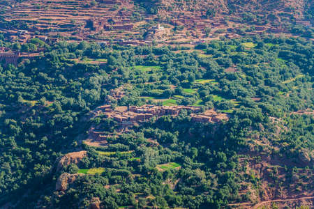 A beautiful shot of buildings on the mountain surrounded by treesの写真素材