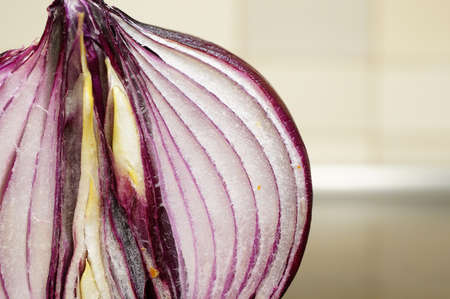 A closeup shot of an onion slice in halfの写真素材