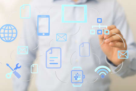 A human hand presenting the digital projection of communication networking