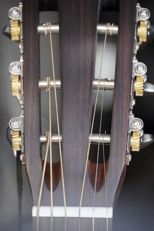 A closeup shot of a guitar headstock with a blurred background