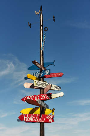 A signpost with colorful directional signs and distances to different towns in the harbor of Nexo,...