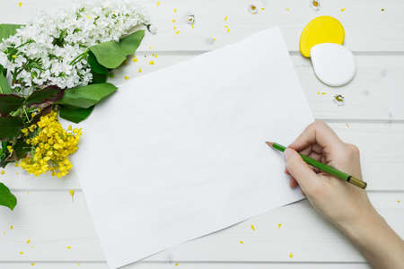A high angle shot of a person holding a green pencil with a white paper and beautiful flower petals in a white wooden tableの写真素材