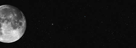 A panoramic shot of a black universe with stars and a moon on the left
