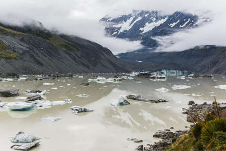 A lake with frozen pieces surrounded by mountains under a cloudy sky