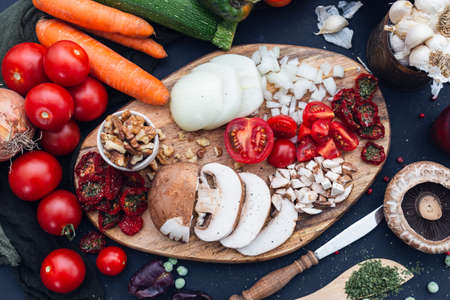 A high angle shot of different fresh vegetables