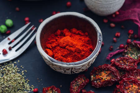 A high angle shot of a red hot spice chili powderの写真素材