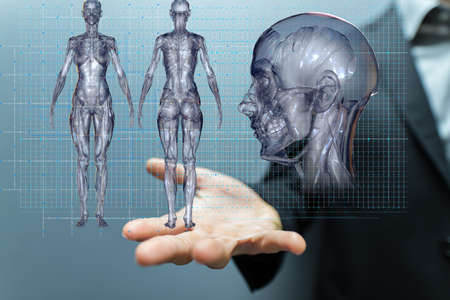 A person presenting the virtual projection of an interface as a medical network conceptの写真素材