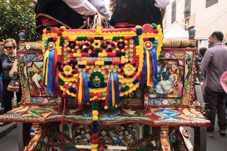 MELITELLO IN VAL DI CATANIA, SICILY, ITALY - Oct 16, 2016: Back of Sicilian traditionally decorated cart, Sagra dell Fico dâIndia, a festival celebrating the Prickly pear. Melitello in Val di Catania, Sicilyのeditorial素材