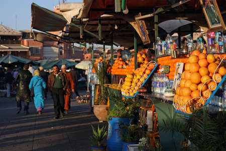 MARRAKESH, MOROCCO - Sep 09, 2019: 09 September 2019 - Marrakesh, Morocco: Colorful fruit and juice market stall in the center of Marrakesh, Morocco.のeditorial素材
