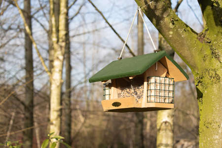 A closeup shot of a hanging bird feeder in the shape of a houseのeditorial素材