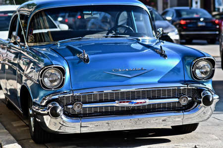 DOWNERS GROVE, UNITED STATES - Jun 07, 2019: A beautiful shot of a blue chevrolet car with a blurred backgroundのeditorial素材