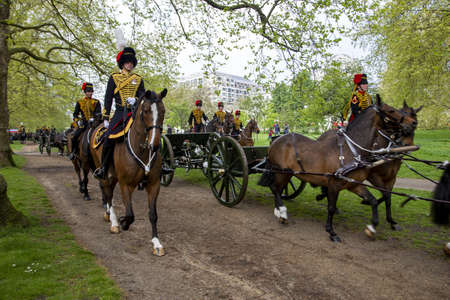 LONDON, UNITED KINGDOM - Apr 21, 2014: The Kingâ€™s Troop, Royal Horse Artillery on their way...