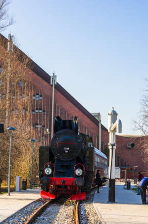 POZNAN, POLAND - Jan 19, 2019: Old classic exposition locomotive on the Rataje park.のeditorial素材
