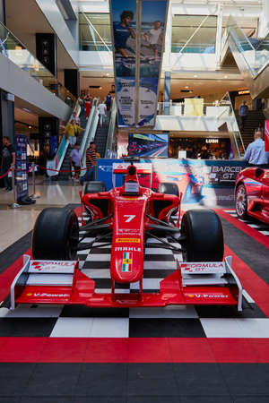 BARCELONA, SPAIN - Jun 07, 2019: Vertical shot at front of a vintage Ferrari F1 Championship car inside of Maremagnum Shopping mall in barcelona spainのeditorial素材