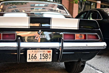 DOWNERS GROVE, UNITED STATES - Jun 07, 2019: An old black and white Z/28 car at an exhibition in...