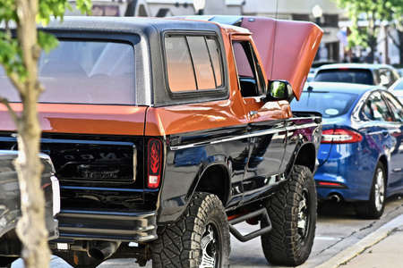 DOWNERS GROVE, UNITED STATES - Jun 07, 2019: Different models of cars parked at the side of the streetのeditorial素材