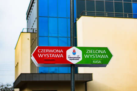POZNAN, POLAND - Feb 14, 2019: Signs with info of the a modern university in the city.のeditorial素材