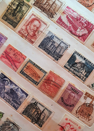 SOVATA, ROMANIA - Jul 02, 2020: many old postage stamps in a philatelic file