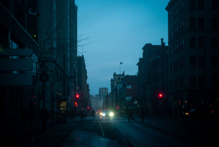 Montreal, Quebec / Canada - February 26 2013: People and Cars in a Busy Business Avenue in Old Montreal at Nightのeditorial素材