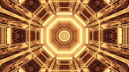 A vivid abstract psychedelic octagon corridor pattern for background with gold and brown colorsの写真素材