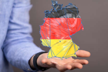 Abstract of germany map network, internet and global connection concept, Wire Frame 3D mesh polygonal network line, design sphere, dot and structureの写真素材