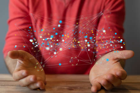 A 3D rendering of futuristic sci-fi inspired lines with a real person holding it