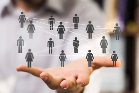 The male hands and people icons connected to each other-online networking conceptの写真素材