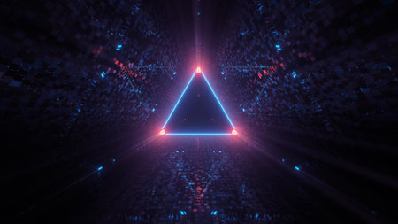 The neon laser lights in a triangular shape with a black background