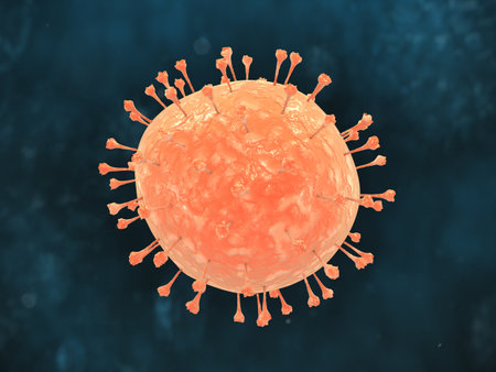 A graphic illustration of the orange Coronavirus disease pandemic on a dark backgroundの写真素材