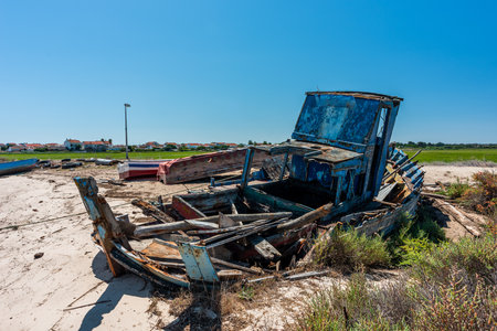 A shot of an old abandoned boat background.の写真素材