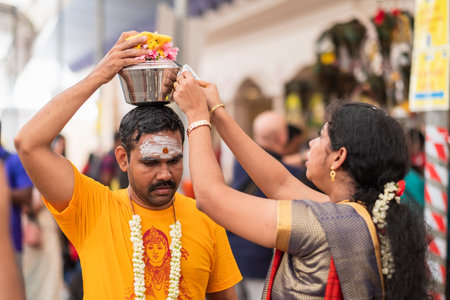 SINGAPORE, SINGAPORE - Feb 08, 2020: Thaipusam is a religious celebration by devotees. Its highlight...