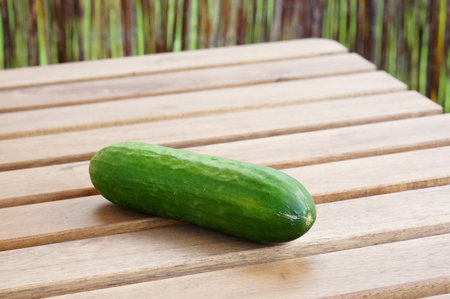 A closeup shot of a fresh green cucumber on a wooden surfaceの写真素材