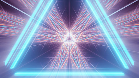 A cosmic background with colorful geometric laser lights - perfect for a digital wallpaperの写真素材