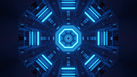 3D rendering abstract futuristic background with glowing neon blue lightsの写真素材