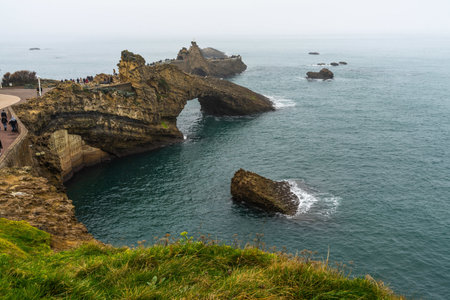 A high angle view of the Rock of the Virgin Mary, Biarritz, France in winterの写真素材