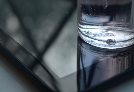 A glass on a laptop with a reflection on itの写真素材