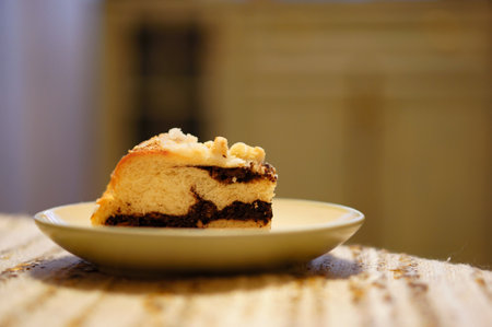 A closeup of a delicious vanilla and chocolate piece of cake on a white plate on a blurry background