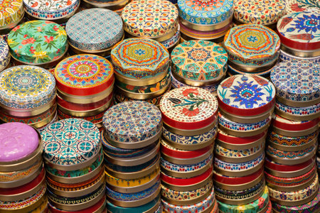 A colorful round boxes with patterns on top of each other