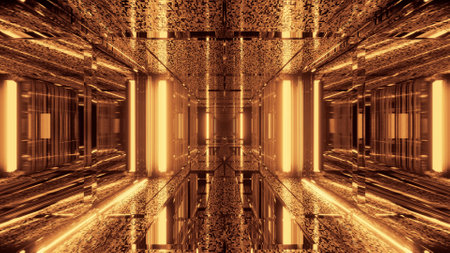 The abstract science fiction futuristic background with golden neon lightsの写真素材