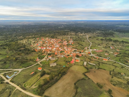 An aerial shot of the Cabeza de Framontanos village in Salamanca, Spainの写真素材