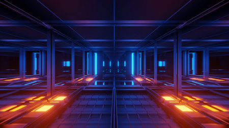 3D rendering abstract futuristic background with glowing neon blue and orange lights